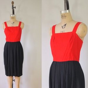 vintage 1970s sheath dress | 70s red + black dress